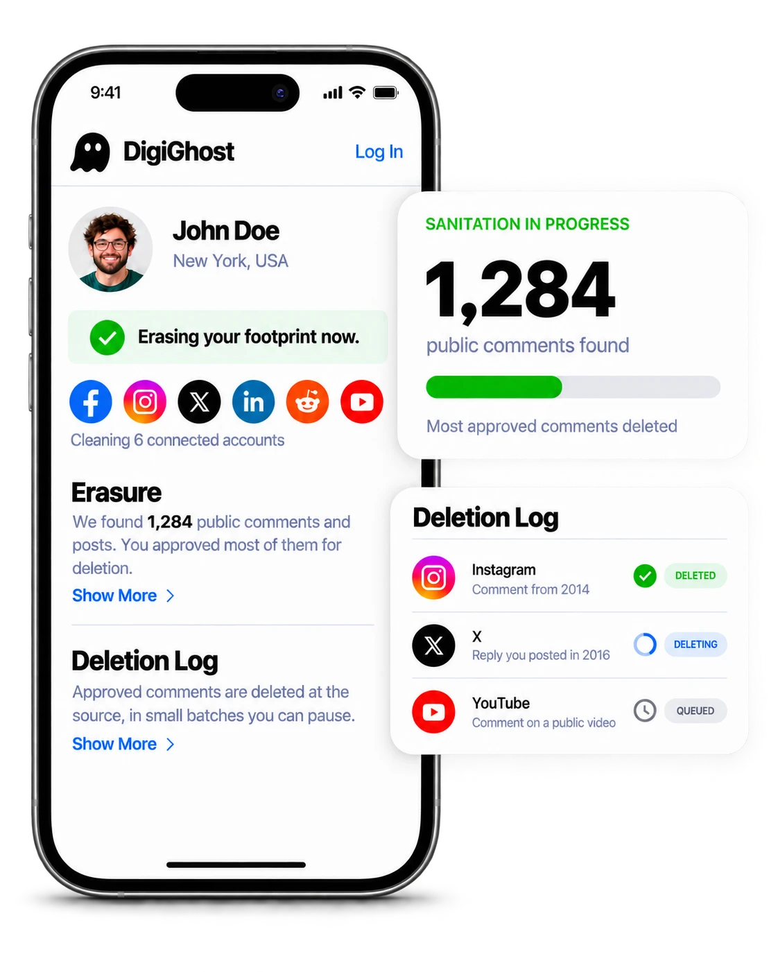 DigiGhost sanitising an account on a phone: 1,284 public comments found, most approved comments deleted, and a deletion log showing an Instagram comment from 2014 deleted, a 2016 reply on X being deleted, and a YouTube comment queued.